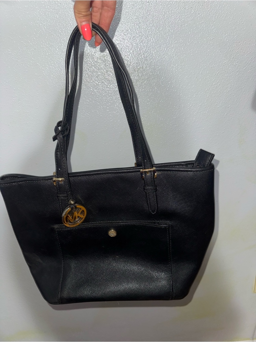 Michael Kors Black Leather Tote with Gold MK Charm